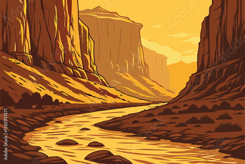 61 Surreal canyon landscape, flowing golden lava river, towering rock formations, dramatic lighting, sunset glow, molten gold texture, winding path, fantasy environment, high contrast, digital art, hy