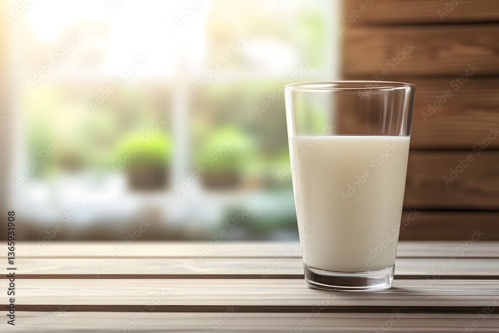 Glass of Milk on Wooden Table by Window Glass of Milk on Wooden Table by Window