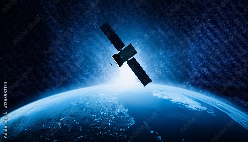 Obraz premium Silhouette of a satellite floating against the backdrop of the Earth