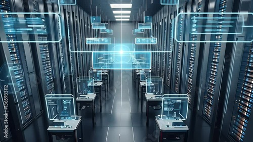 AI-Powered Server Room with Flowing Data Stream