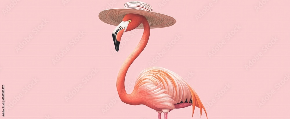 Fototapeta premium Elegant flamingo wearing a stylish straw hat on pastel pink background