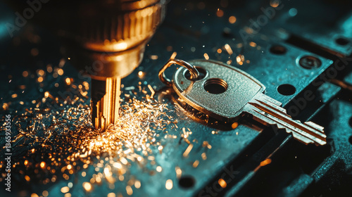 Detailed close-up of key cutting process on duplication machine. concept of precision engineering, metalwork, security technology