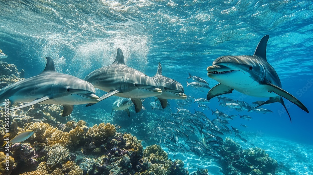 Fototapeta premium A group of dolphins hunting fish, with a bait ball forming around them. A shark chasing a school of tuna, creating a thrilling motion effect. A sea turtle escaping from a tiger shark, a tense moment 