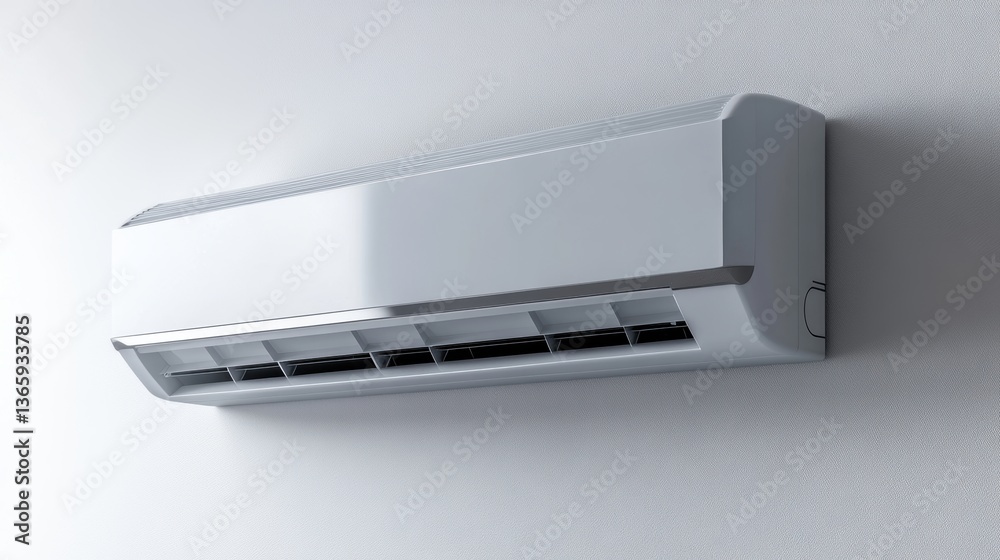 A modern split air conditioner with an elegant design, placed on a white wall A modern split air conditioner with an elegant design, placed on a white wall