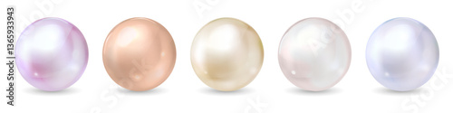 Pearl set isolated on transparent background. Spherical beautiful 3D orb with transparent glares and highlights. Jewel gems. Vector