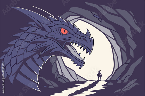 62 Fantasy dragon cave entrance, massive open maw, razor-sharp teeth, glowing red eyes, cavernous throat, rocky path, blue scales, ominous atmosphere, small figure silhouette, distant light, epic scal