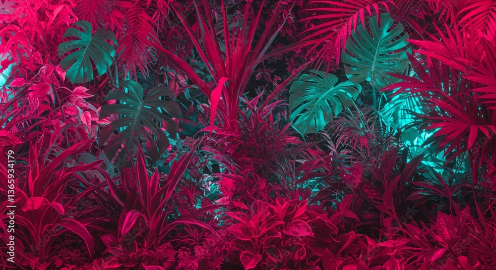 Vibrant Tropical Foliage Lush Neon Pink and Teal Jungle Plants Exotic Leaf Background Vibrant Tropical Foliage Lush Neon Pink and Teal Jungle Plants Exotic Leaf Background