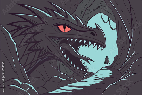 62 Fantasy dragon cave entrance, massive open maw, razor-sharp teeth, glowing red eyes, cavernous throat, rocky path, blue scales, ominous atmosphere, small figure silhouette, distant light, epic scal
