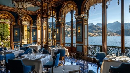 Elegant restaurant overlooking lake como with scenic mountain views and luxurious interior decor