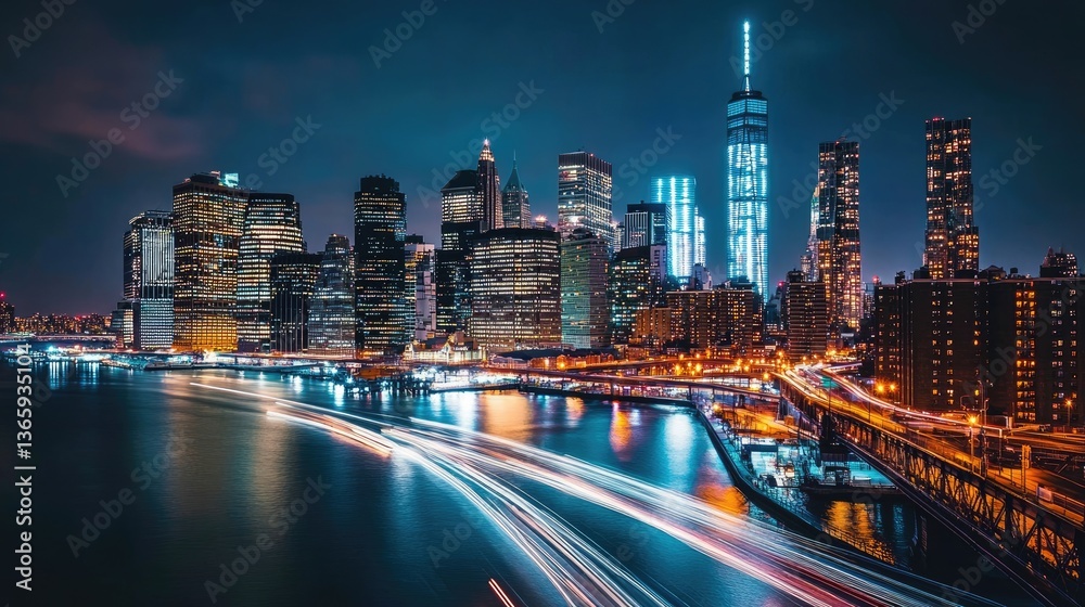 Manhattan skyline from a bridge at dusk with glowing lights Manhattan skyline from a bridge at dusk with glowing lights