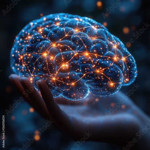 Glowing Human Brain Held in a Hand with Illuminated Neural Connections in Blue and Orange Lights
