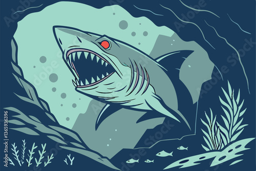 63 Terrifying sea monster, massive open jaws, sharp teeth, glowing red eyes, underwater cave, luminescent details, fantasy creature, dark atmospheric lighting, rocky cavern, digital art, hyper-detaile