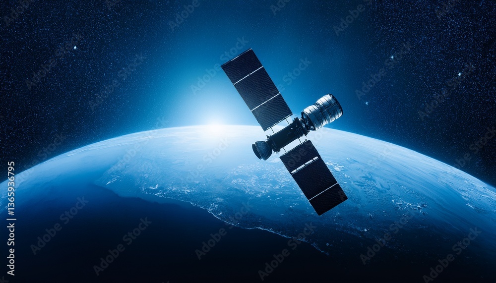 Silhouette of a satellite floating against the backdrop of the Earth Silhouette of a satellite floating against the backdrop of the Earth