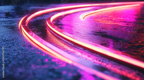 A neon-lit curved pathway reflects in puddles on a grunge-textured surface, creating a futuristic 3D-rendered scene perfect for technology or automotive backgrounds
