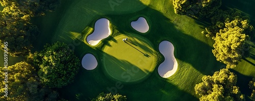 Golf swing action overlooking green course serene landscape aerial view