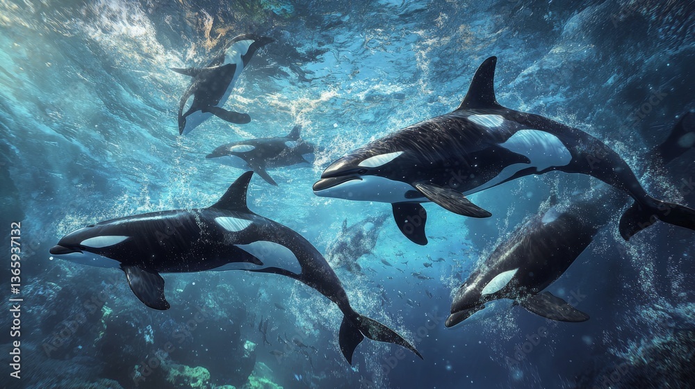 Obraz premium Orca pod swimming together, creating a dynamic and realistic ocean scene. 