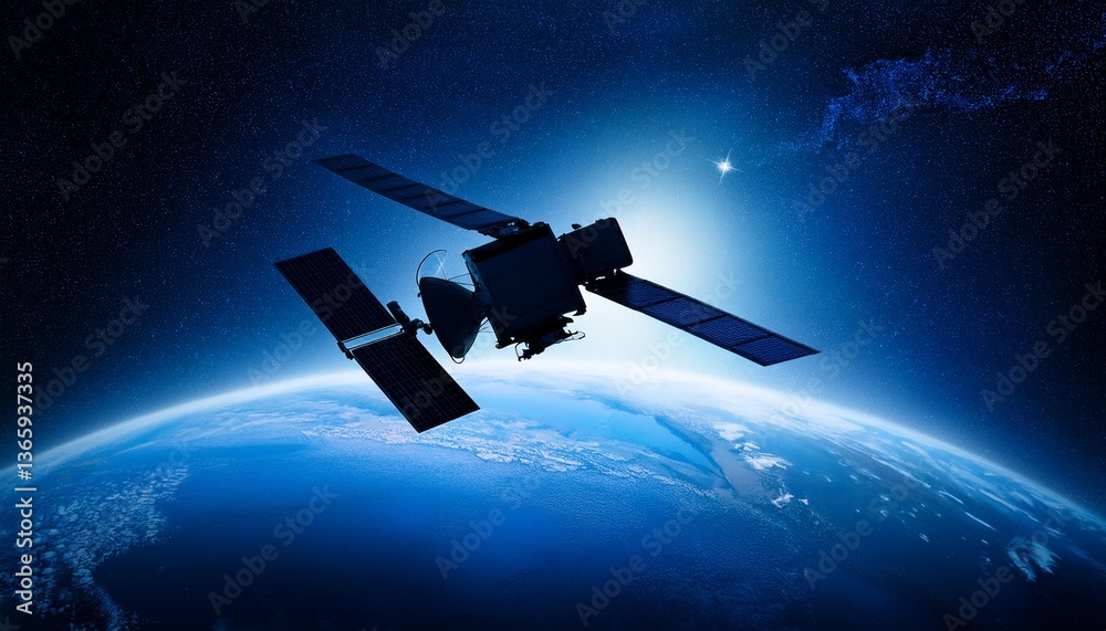 Naklejka premium Silhouette of a satellite floating against the backdrop of the Earth