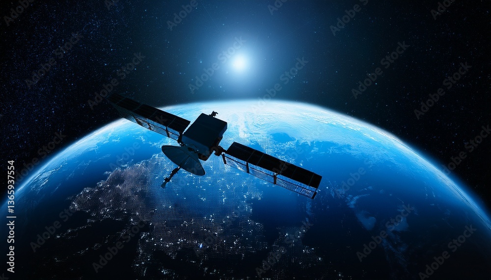 Silhouette of a satellite floating against the backdrop of the Earth Silhouette of a satellite floating against the backdrop of the Earth