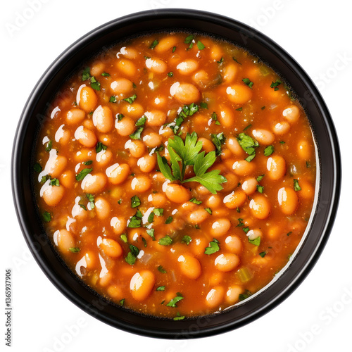 Hearty bean soup in black bowl, overhead view