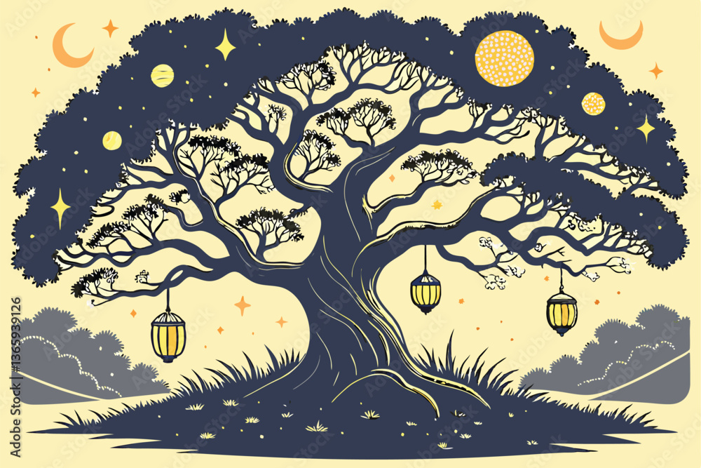Fototapeta premium 64 Majestic ancient tree, glowing paper lanterns, magical forest, ethereal night sky, fantasy landscape, golden warm light, elaborate tree branches, mystical atmosphere, dreamy scene, floating lantern
