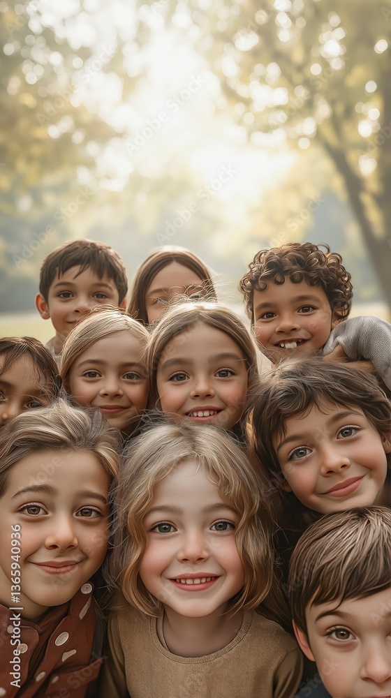 Group of diverse smiling children posing together in sunlit park Group of diverse smiling children posing together in sunlit park