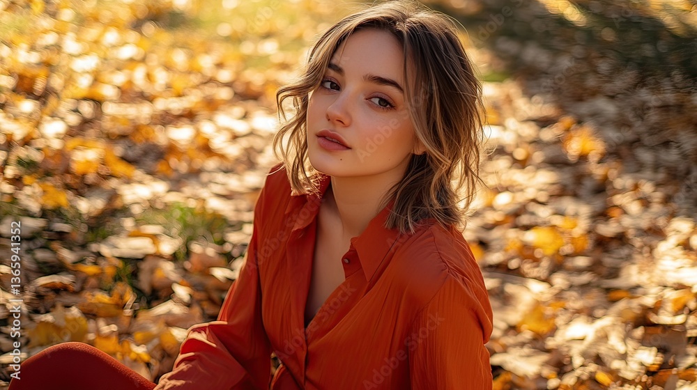 Autumnal beauty portrait of a young woman in a rust-colored blouse, seated amidst fallen leaves