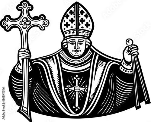 Bishop in elaborate vestments, holding an ornate cross, symbolizing faith, religion, and spirituality sketch linocut vector