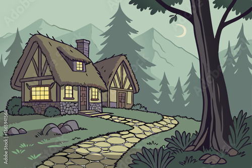 65 Fantasy village, thatched roof cottages, glowing windows, cobblestone path, misty forest, mountains, twilight, magical atmosphere, warm lighting, cozy homes, fairy tale setting, lush greenery, drea