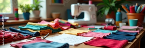 Vibrant fabric scraps, sewing machines, scissors, colorful workspace , trendy, fashion, DIY