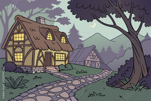 65 Fantasy village, thatched roof cottages, glowing windows, cobblestone path, misty forest, mountains, twilight, magical atmosphere, warm lighting, cozy homes, fairy tale setting, lush greenery, drea