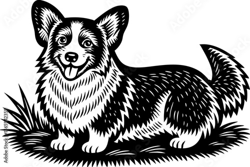 Welsh Corgi dog pet animal, showcasing engraved artistry sketch linocut vector