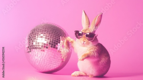 Stylish bunny with sunglasses and disco ball on pink background. Easter, Pascha, Paskha, Ostern, Pascua, Paques - Orthodox and Catholic Holiday celebration