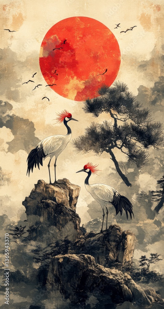 Fototapeta premium Majestic cranes on rocky peaks under crimson sun in traditional asian landscape