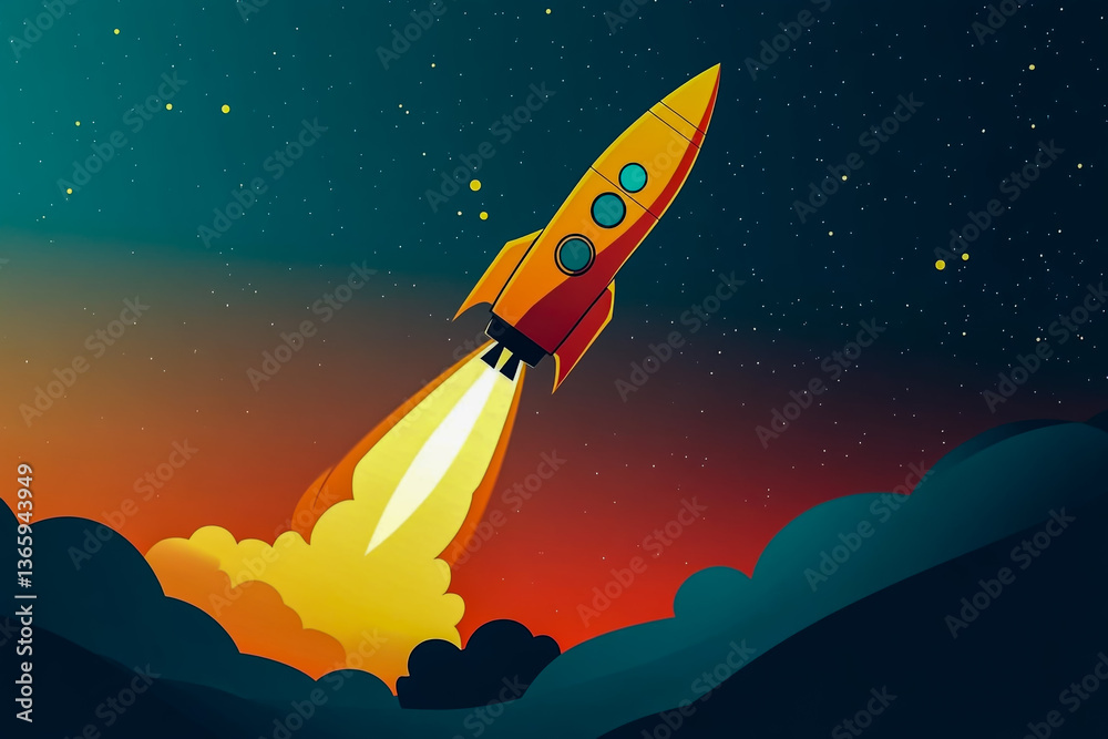 Cartoon rocket ship blasting off into space with stars and orange and blue sky background Cartoon rocket ship blasting off into space with stars and orange and blue sky background