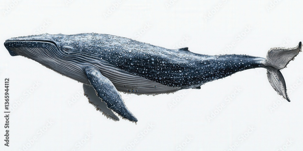 Obraz premium Majestic humpback whale illustration with textured skin and water droplets on white background