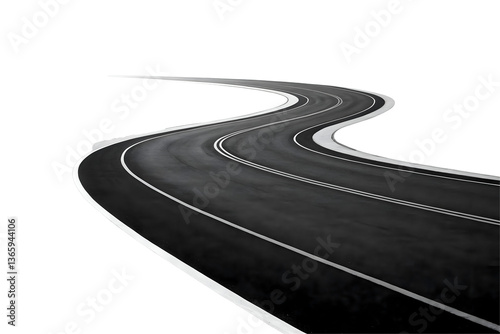 Winding asphalt road with double yellow lines.