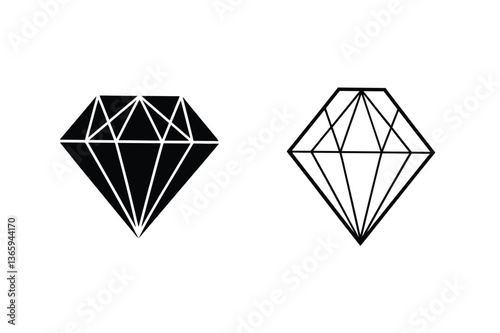Elegant Diamond Gemstone Icons Black, Line Art, Jewelry Design