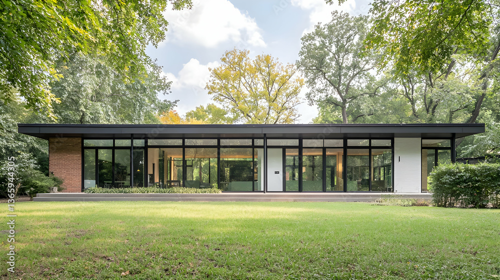Fototapeta premium Modern House Exterior With Glass Walls And Green Lawn Surrounded By Trees Under Blue Sky During Daytime