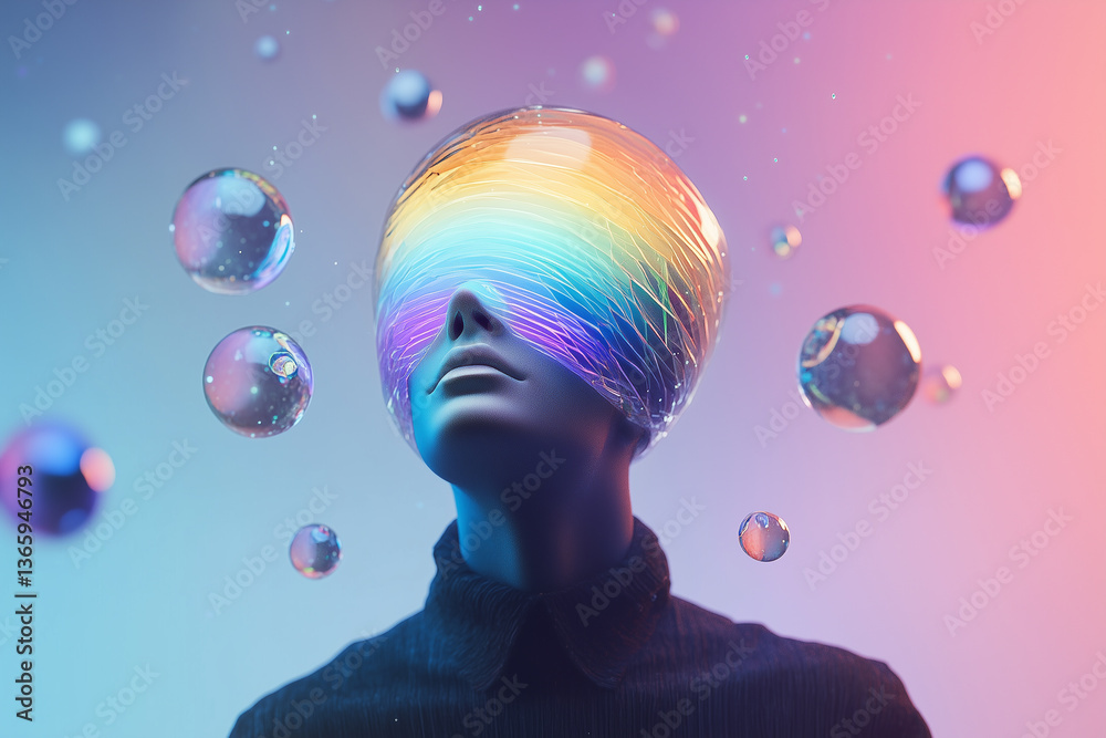 Naklejka premium Unique spinning head design with vibrant light reflections and floating bubbles in an abstract setting