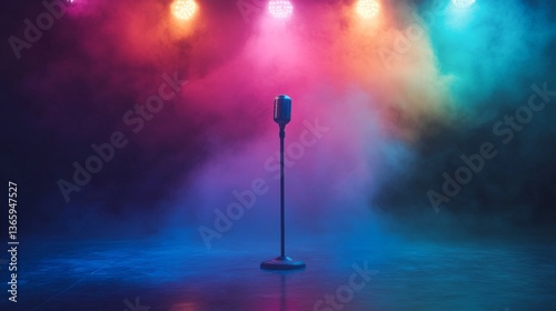 A single vintage microphone stands in the middle of a stage with dramatic colorful fog and vibrant lighting, evoking a sense of performance and creativity. Ideal for concert or entertainment themes