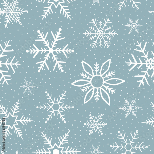 Falling snowflakes on blue background. Seamless pattern snowflake. Design texture winter season for prints. Handdrawn snowflakes. Repeat snow flakes. Snowflake in doodle style. Vector illustration 