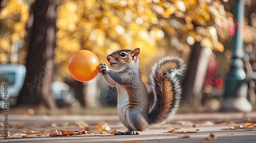 Cute squirrel playing with a ball in autumn park