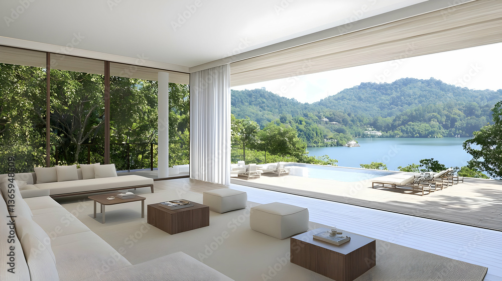 Fototapeta premium Luxurious Open Concept Living Room With White Sofa And Panoramic View Of Island And Ocean