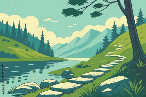 66 Tranquil mountain lake, stepping stones pathway, lush tropical forest, green hillsides, crystal clear water, blue sky with fluffy clouds, serene landscape, natural harmony, vibrant colors, photorea