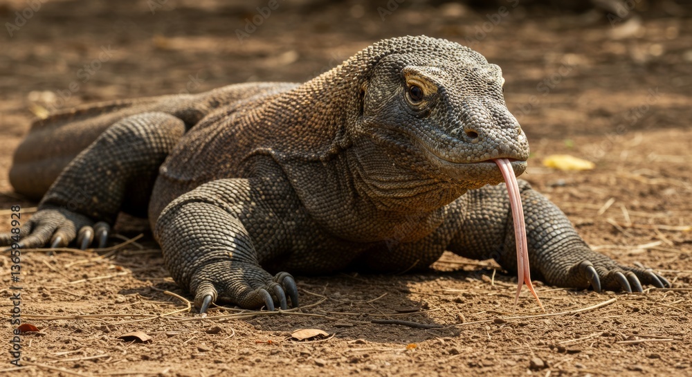 Fototapeta premium Komodo dragon basking under the sun with its distinctive tongue visible