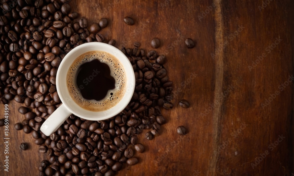 Naklejka premium Aromatic delight: coffee beans surround a cup of rich, dark brew on wood