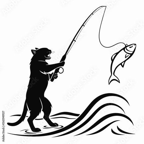fishing cat black silhouette icon vector