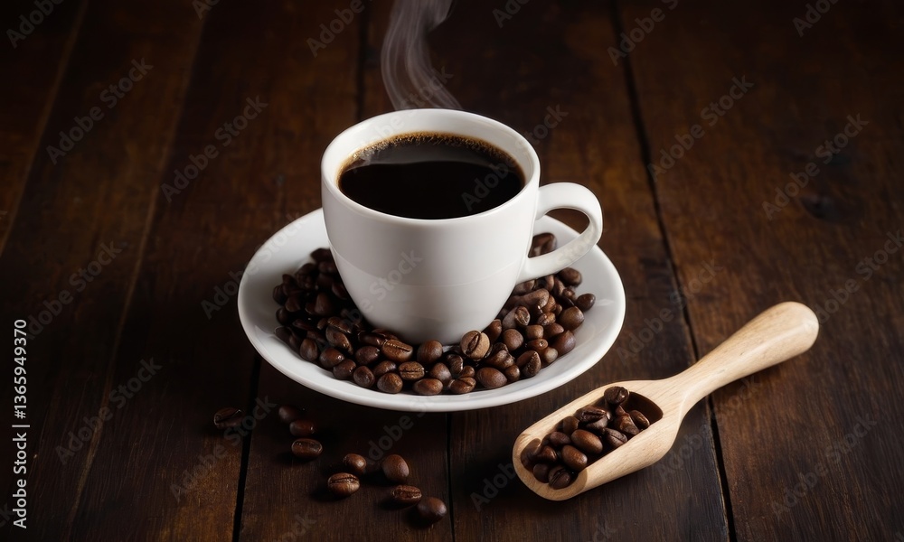Aromatic Coffee Cup on Wooden Surface with Beans and Scoop Still Life Aromatic Coffee Cup on Wooden Surface with Beans and Scoop Still Life