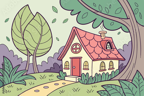 67 Whimsical cottage, giant leaf roof, fantasy architecture, lush green foliage, fairy tale house, enchanted forest, vibrant colors, surreal landscape, magical dwelling, oversized plant life, storyboo