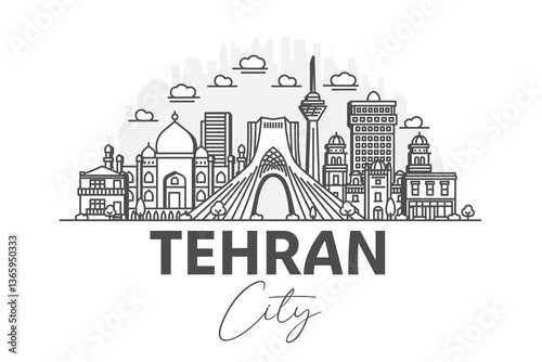 Tehran, Iran architecture line skyline illustration with shadows. Linear vector cityscape with famous landmarks, city sights, design icons.